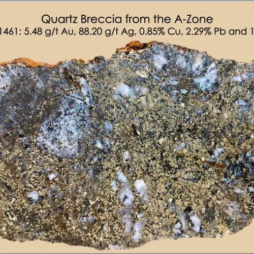 Figure 1: Sample taken from line AZ-L13 on the A-Zone compose of a quartz breccia in a pyrite/sphalerite matrix