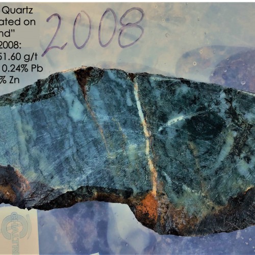 Figure 3: Sample #2008 showing the brecciated polymetallic vein of the Pond, the sample shows a silicified breccia within a matrix composed of quartz, pyrite, sphalerite, chalcopyrite, galena and chlorite. 